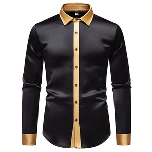 Chemise habillée noire en satin pour homme avec col et poignets dorés, manches longues, formelle, anti-plis, col rabattu - Product Image 1