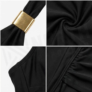Maillot de bain une pièce noir pour femme avec dos nu, effet ventre plat froncé, soutien-gorge push-up et taille haute, couleur unie - Product Image 4