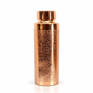 Bouteille d'eau en cuivre pur écologique et anti-fuite de qualité supérieure avec gravure florale artisanale exquise pour la guérison ayurvédique - Product Image 2