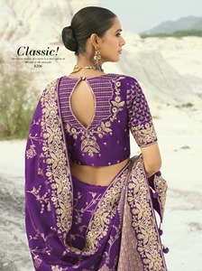 Nouvelle collection de saris de créateur en soie riche brodée, avec fils, perles, motifs découpés et bordure coquille. - Product Image 3