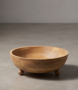 Bol de service en bois de manguier massif finition naturelle, centre de table circulaire avec pieds en bois sculptés - Product Image 3