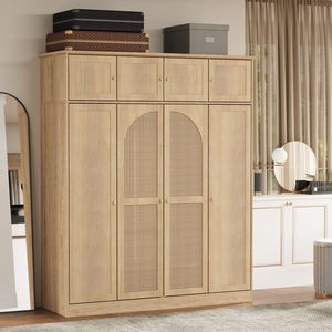 Armadio a 8 Ante di Grande Capacità, Alto 180 cm, con Ripiani Regolabili, Ante Decorative in Rattan, Asta Appendiabiti Inclusa - Product Image 1