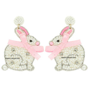 Boucles d'oreilles créoles en perles de rocaille motif lapin pour femme, faites à la main, brodées, bijoux fantaisie, article de mode, pour soirée, cadeau - Product Image 2