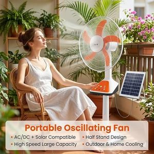 Solar Powered Desk Fan With Touch <b>Control</b> 34 In Orange Blades White Base Free <b>Standing</b> Design - Product Image 3