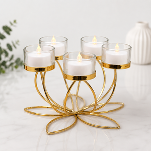 Portavelas Votivo de Cristal con 5 Luces, Diseño Loto Dorado, Calidad Premium – Centro de Mesa Moderno de Metal para Hogar, Mesa de Comedor y Decoración de Bodas - Product Image 1