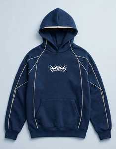 ONETEN APPARELS <b>Mens</b> Navy Oversized <b>Hoodie</b> Contrast Stitching Embroidered French Terry Pullover Sweatshirt Anti-Pilling Acid - Product Image 4