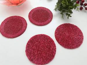 Pinkish Red Beaded Coasters: Handmade Drink Coaster Set - Product Image 1
