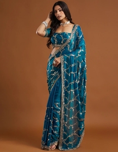 Sari de Mezcla de Seda Bollywood Bordado Reversible KV, Sin Arrugas y de Secado Rápido (Azul) para Fiestas y Bodas de Otoño - Product Image 5