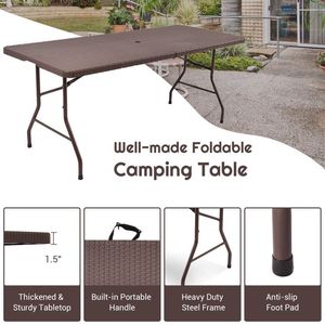 <b>Portable</b> 6 Feet Folding Rattan <b>Table</b> with Carrying Handle for Outdoor Use - Product Image 3