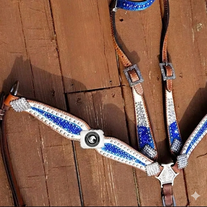 Authentic Western <b>Leather</b> Equestrian Tack Set Beautiful Floral Headstall and Breastplate Hand <b>Tooled</b> for Horse Racing Riding - Product Image 3