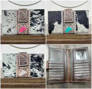 New Arrivals Western Style Hair-On Cowhide Leather Wallet Handmade Tooled Leather Long Bifold Wallet with Multiple Card Slots - Product Image 5