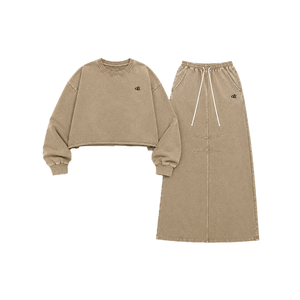 Vintage Washed <b>Women</b> Loose Sweat Cargo Skirt & Cropped Sweatshirt Casualwear <b>Back</b> Center Split Maxi OEM Tracksuit Custom Logo - Product Image 2