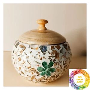 Pot en bambou naturel et nacre, fait main, rond, avec couvercle, pour rangement décoratif et usage cadeau - Product Image 2