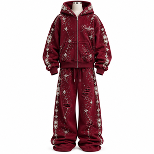 NOUVEAU Ensemble de survêtement unisexe bordeaux avec fermeture éclair, strass et polaire respirant, comprenant un sweat à capuche et un pantalon de survêtement oversize effet usé, style Hip Hop - Product Image 1