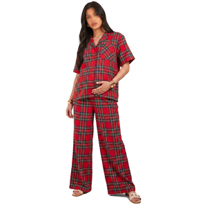Ensemble pyjama à carreaux pour femmes enceintes, manches courtes, col rabattu, coupe ample, pantalon de maternité, vêtements de nuit confortables pour l'hiver - Product Image 1