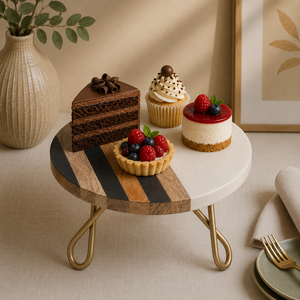 Wooden Cake Stand Round Dessert Display Rack Geometric Pattern Metal Legs Suitable for Party Wedding bakeries, cafés, restaurant - Product Image 1