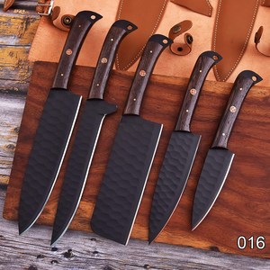 Hand Forged Damascus Steel 5-Piece Full Tang Ambidextrous Modern Dark African Wood Handle Chef <b>Knife</b> <b>Set</b> Leather Bag OEM/ODM - Product Image 6