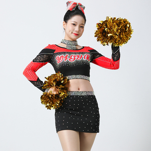 WISHA Cheerleading Uniform 3 Piece Set <b>Red</b> Black <b>Glitter</b> Print Rhinestone Adult Women's Performance Outfit - Product Image 1