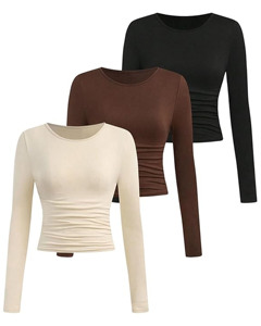 Top Corto de Manga Larga para Mujer, Cuello Redondo, Corte Ajustado, con Logo Frontal, Transpirable y de Secado Rápido - Product Image 1
