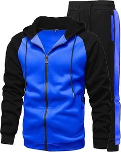 Survêtement à capuche pour homme, bleu et noir, à blocs de couleur, manches longues, fermeture éclair, vêtements de sport décontractés, respirant, coupe régulière, pour adulte, automne - Product Image 1