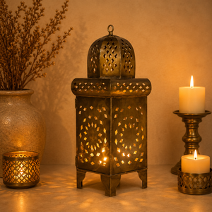 Lanterne en métal marocaine à motifs arabesques découpés avec un design en forme de dôme, finition noire antique, porte-bougie décoratif pour la décoration de la maison - Product Image 1