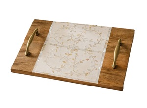 Plateau de service de luxe fait main en nacre à motif de feuilles, mosaïque exquise, pour boissons et traiteur, fabrication Uttar Pradesh - Product Image 3