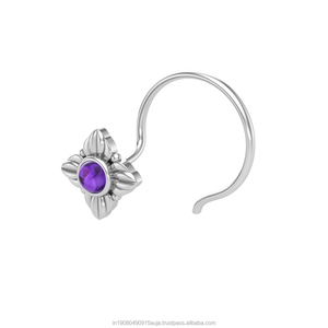 Indian Mores 925 Sterling <b>Silver</b> Round Shape Amethyst Cup Setting <b>Nose</b> Pin <b>Stud</b> for Women Girls - Product Image 2