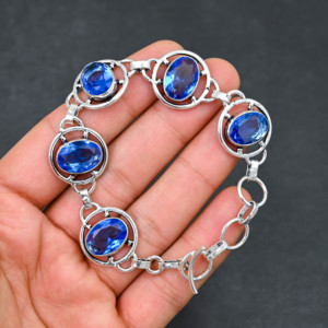 Lab-Created Tanzanite <b>Gemstone</b> Handmade 925 Silver Plated Luxury 5-Stone Oval Cut IGI Certified Jewelry <b>Bracelet</b> Designer - Product Image 1