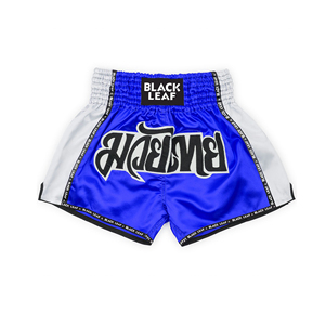 Custom Logo Muay Thai <b>Shorts</b> Blue <b>Silver</b> Regular Fit Unisex Mixed Martial Arts Wear Breathable Polyester Front Logo - Product Image 1