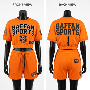 Conjunto de top corto y pantalones cortos de felpa de algodón premium de 220 GSM, tela suave color naranja, logotipo personalizado con serigrafía. - Product Image 6