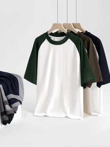 T-shirt homme à manches raglan, 100% coton jersey, col rond, bordure contrastée, couleur unie, coupe ample décontractée, style streetwear américain - Product Image 4