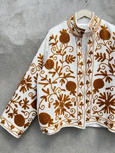 Women White Cotton Hand Embroidered Boho <b>Jacket</b> Brown Floral Suzani Style Ethnic Short Coat Outerwear - Product Image 2