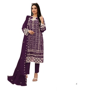 Ensemble Salwar, Palazzo et Dupatta en coton, soie et viscose, avec broderie riche et travail de diamants multicolores, style pakistanais et indien, pour usage décontracté - Product Image 1
