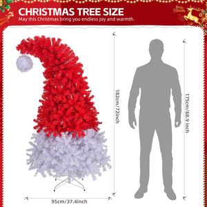 Albero di Natale Pre-Illuminato da 1,8 m con Cappello di Babbo Natale, 300 Luci e 1050 Punte di Rami, Albero di Pino Artificiale con Cerniere in Materiale PE - Product Image 4