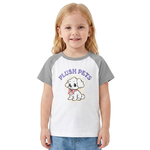 Camiseta de Felpa con Diseño de Perro de Dibujos Animados para Niños, Blanca con Mangas Moradas, Cuello Redondo, Manga Corta, Algodón Jersey, para Primavera/Verano - Product Image 3