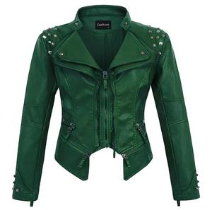 Veste de moto en cuir véritable Chouyatou, col montant, fermeture éclair, décoration à rivets, coupe ajustée, longueur standard, devant - Product Image 5
