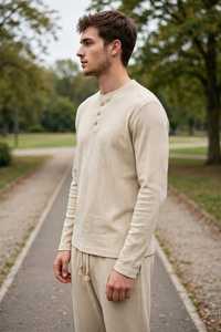 <b>Men's</b> Beige <b>Henley</b> Stand Collar Long Sleeve <b>Shirt</b> And Drawstring Pants Casual Tracksuit Set - Product Image 4