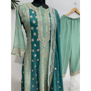 Ensemble haut pantalon Dupatta en soie de créateur Broderie lourde Séquence Travail Manches longues Tenue de fête Mode ethnique Salwar Kameez Look - Product Image 1