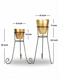 Jardinières modernes en métal doré avec supports en fil noir, lot de 2 pots de fleurs décoratifs pour salon, bureau, chambre - Product Image 2