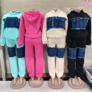 Women Denim Patchwork Tracksuit Set Hooded Long Sleeve Color Block Sweatshirt <b>Pants</b> Casual Plus Size Autumn Wear - Product Image 2
