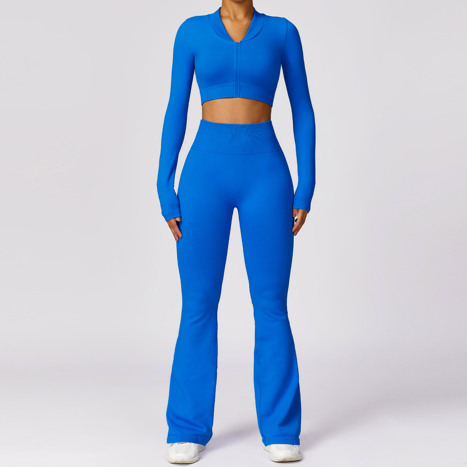 Wholesale Custom Logo Solid Soft Sleeveless Crop Top Flare Legging Yoga Active Wear Sets Women Seamless Breathable Elastic Waist