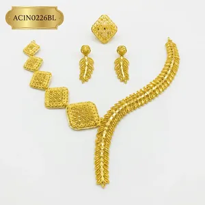 Gold Plated Geometric Square Necklace Set for African Women Short Necklace Fashion Jewelry with Leaf Design Brass Box Chain - Product Image 2