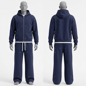 Unisex <b>Velour</b> Hooded Printed <b>Tracksuit</b> Set Custom Logo Two Piece Jacket Jogger Solid Color 100% Cotton Low MOQ <b>Men's</b> Winter - Product Image 3