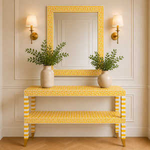 Table console chic en os incrusté avec cadre de miroir et étagère, bureau d'entrée, meuble d'appoint de luxe pour couloir, décoration d'entrée de salon - Product Image 1
