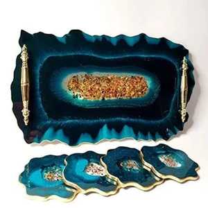 Luxury Teal <b>Agate</b> Style Resin Serving Tray Set With 4 <b>Coasters</b> Gold Handles Geode Design Platter Elegant Hosting Accessories - Product Image 1