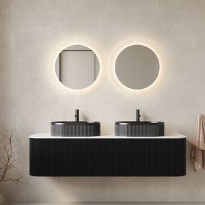 DINA 60\" Modern Wall Mounted <b>Bathroom</b> <b>Vanity</b> with Floating Curved Edges and Striped Storage Cabinet 2 Drawers - Product Image 1