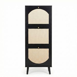 Scarpiera Nera a 3 Ripiani con Frontale in Rattan 54*24*135 cm in Truciolato - Product Image 2