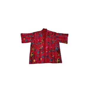 Kanta Work Handmade Ladies Short Kimono <b>Jacket</b> Birds Flora Print Quilted Woven Spring Season <b>Suede</b> Leather Cotton - Product Image 1