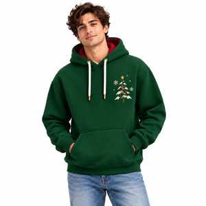 Sudadera con Capucha para Hombre, Verde Navideño, con Logotipo Bordado en la Parte Delantera, Diseño de Árbol y Copo de Nieve, Forro Polar, Informal, para Invierno, Ropa de Calle, Moda - Product Image 1
