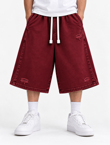 Burgundy Double Waist 3/4 Sweat <b>Shorts</b> with <b>White</b> Drawstrings Oversized Streetwear ganymede international - Product Image 1